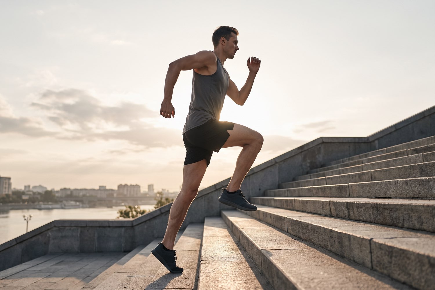 Runner sprinting up city steps at sunrise