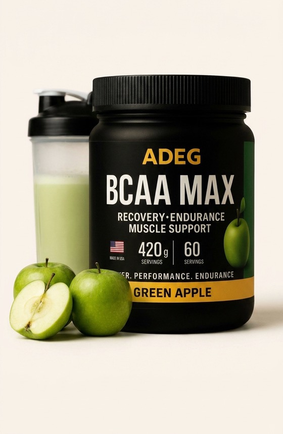 ADEG BCAA MAX jar with shaker and green apples