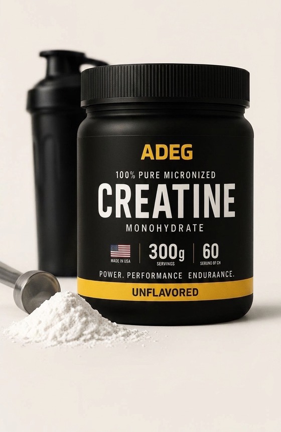 ADEG Creatine Monohydrate jar with scoop and powder