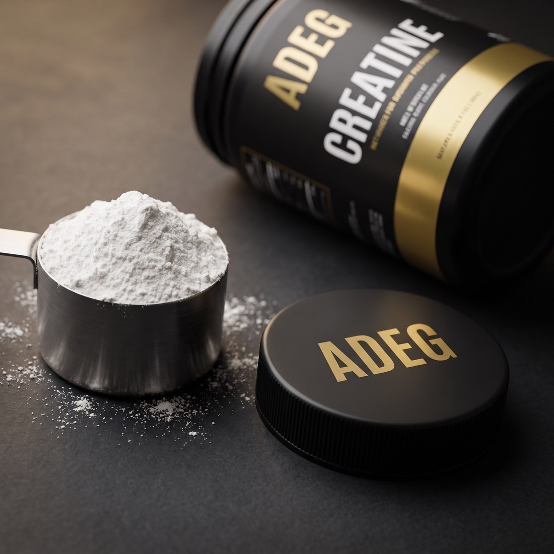 ADEG creatine powder in a steel scoop beside a black lid